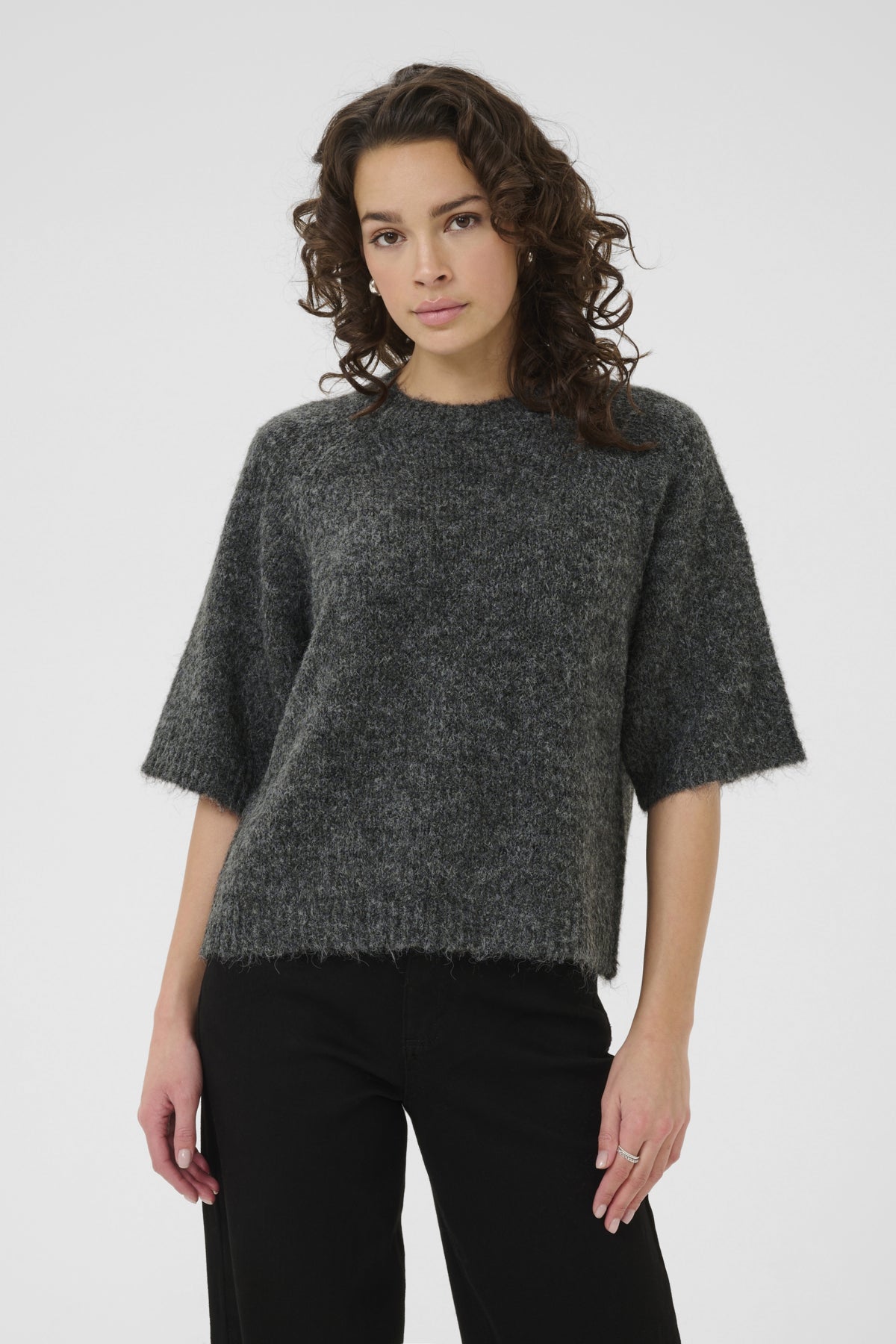 KAemilie Cropped Knit Pullover Mörkgråmelerad - 10508162