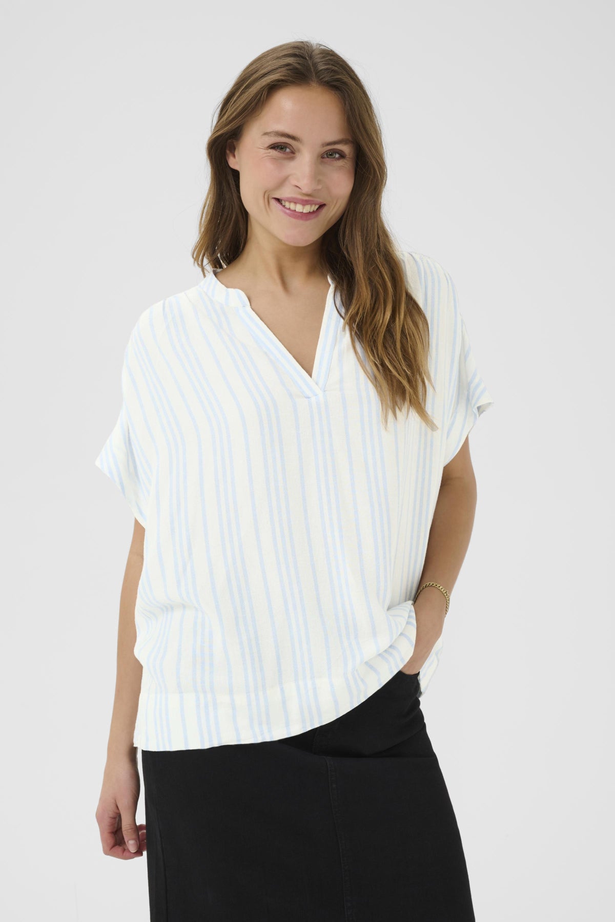 KAmilia Wing SL Blouse Chalk/Soft Chambray Stripe - 10509670