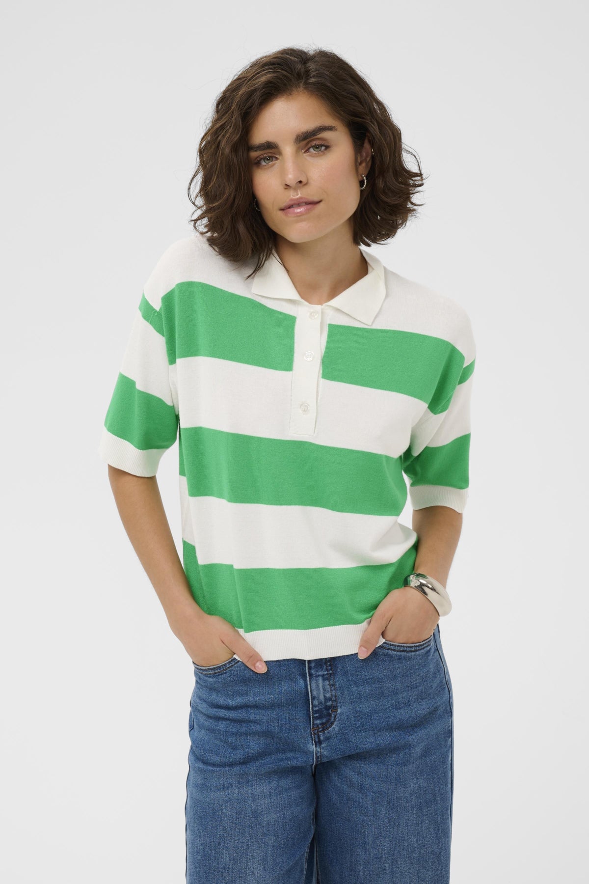 KAlizza Polostickad tröja Chalk/Bright Green Stripe - 10 - 10509932