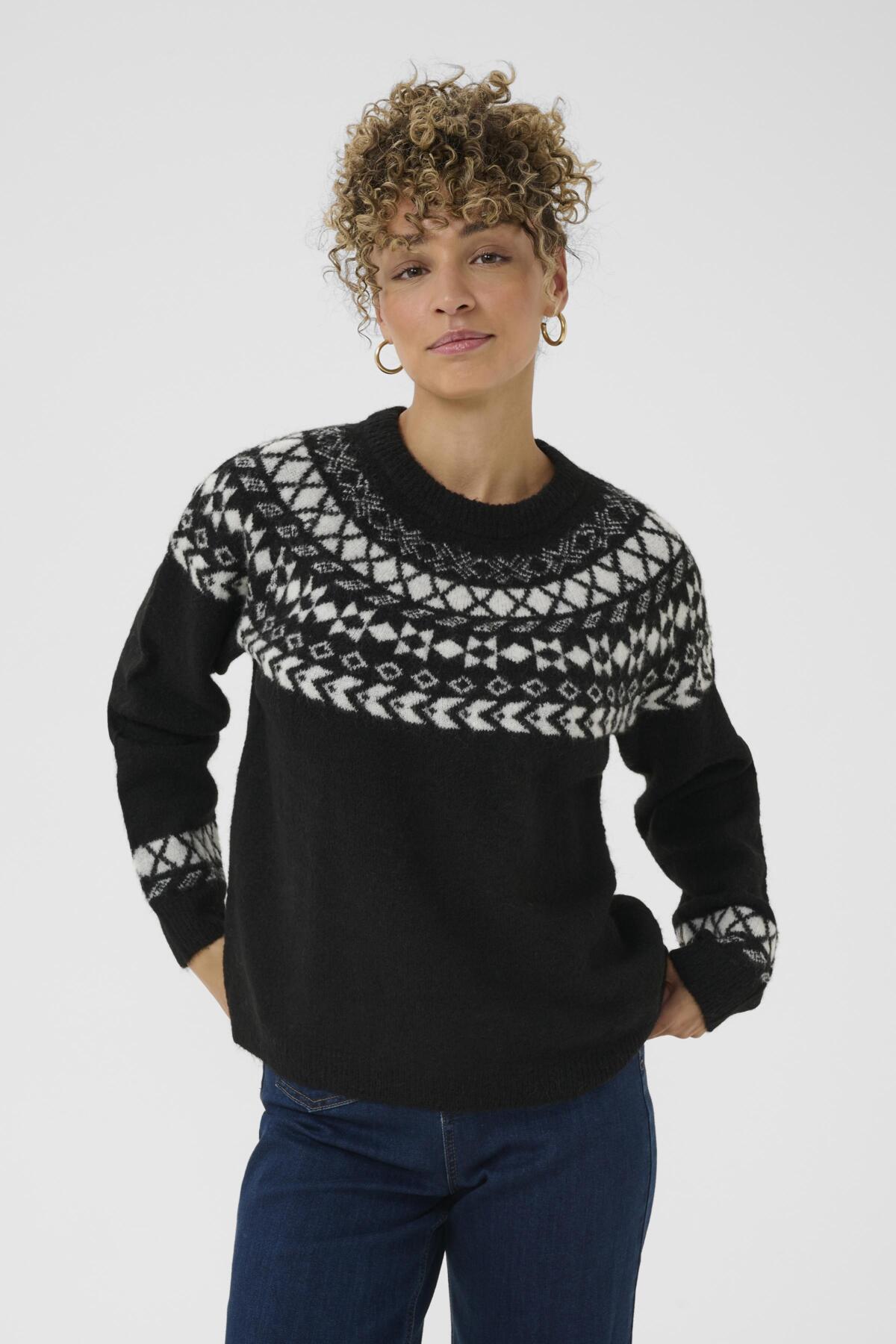 CRCherrie Stickad tröja Pitch Black m. vit jacquard - - 10612842