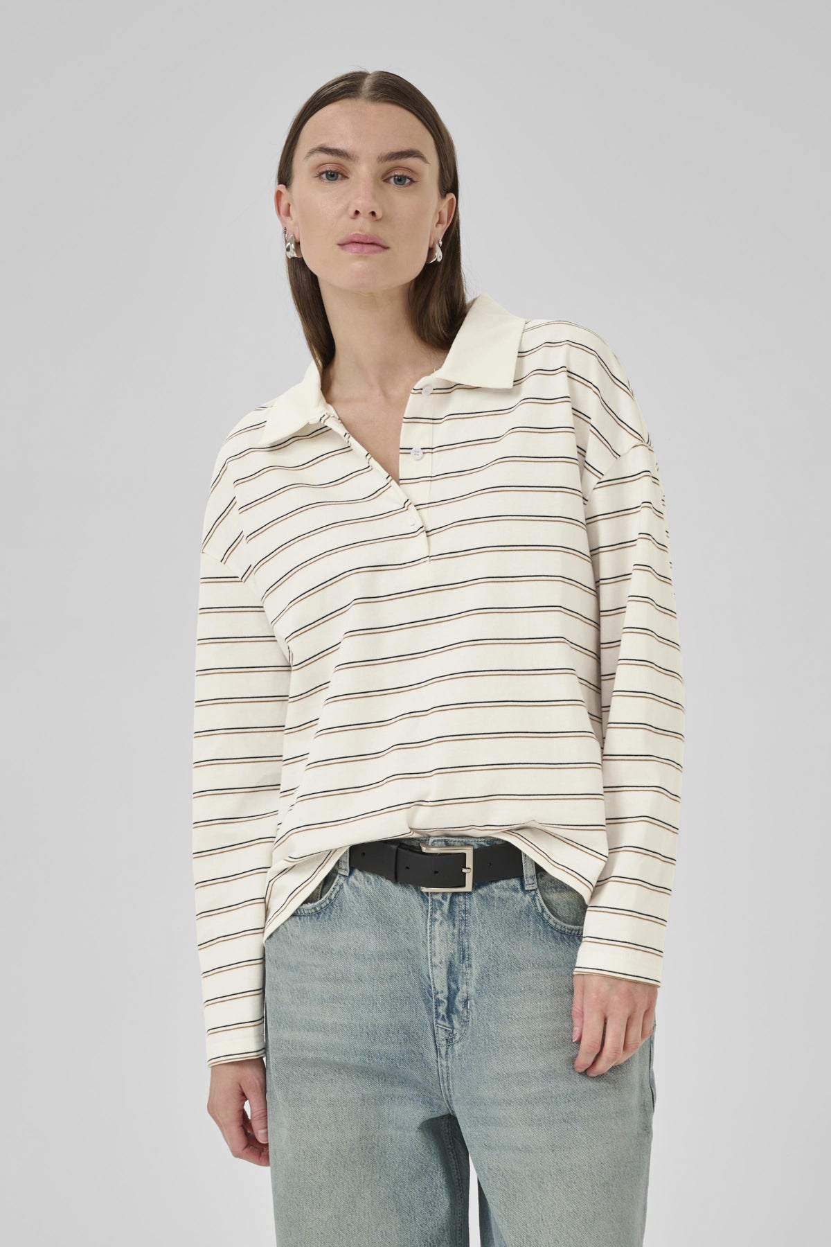 AnnaMW LS Polo Blouse Snow White Striped - 10705296