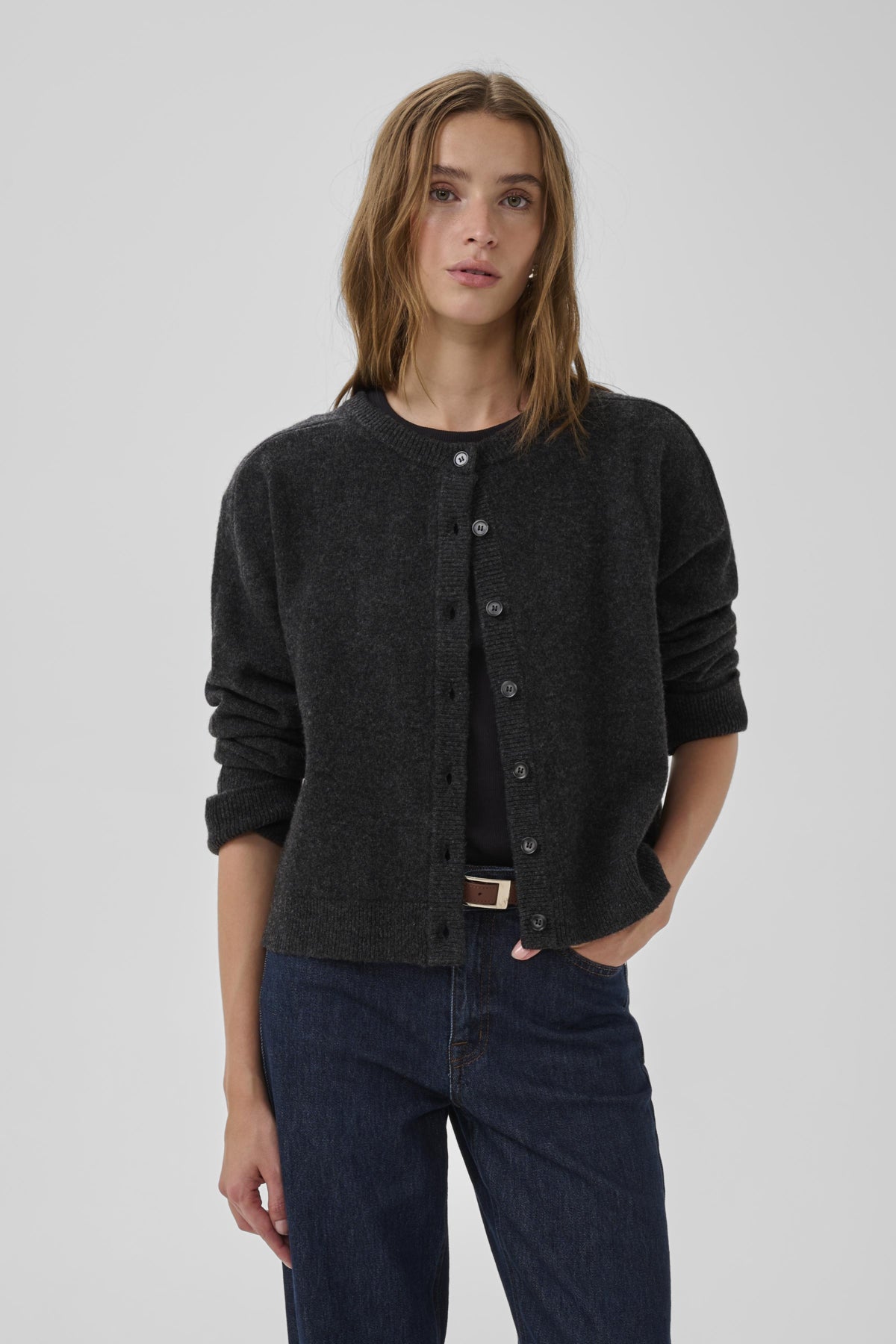 13 THE KNIT CARDIGAN Mörkgråmelerad - 100379 - 10705548