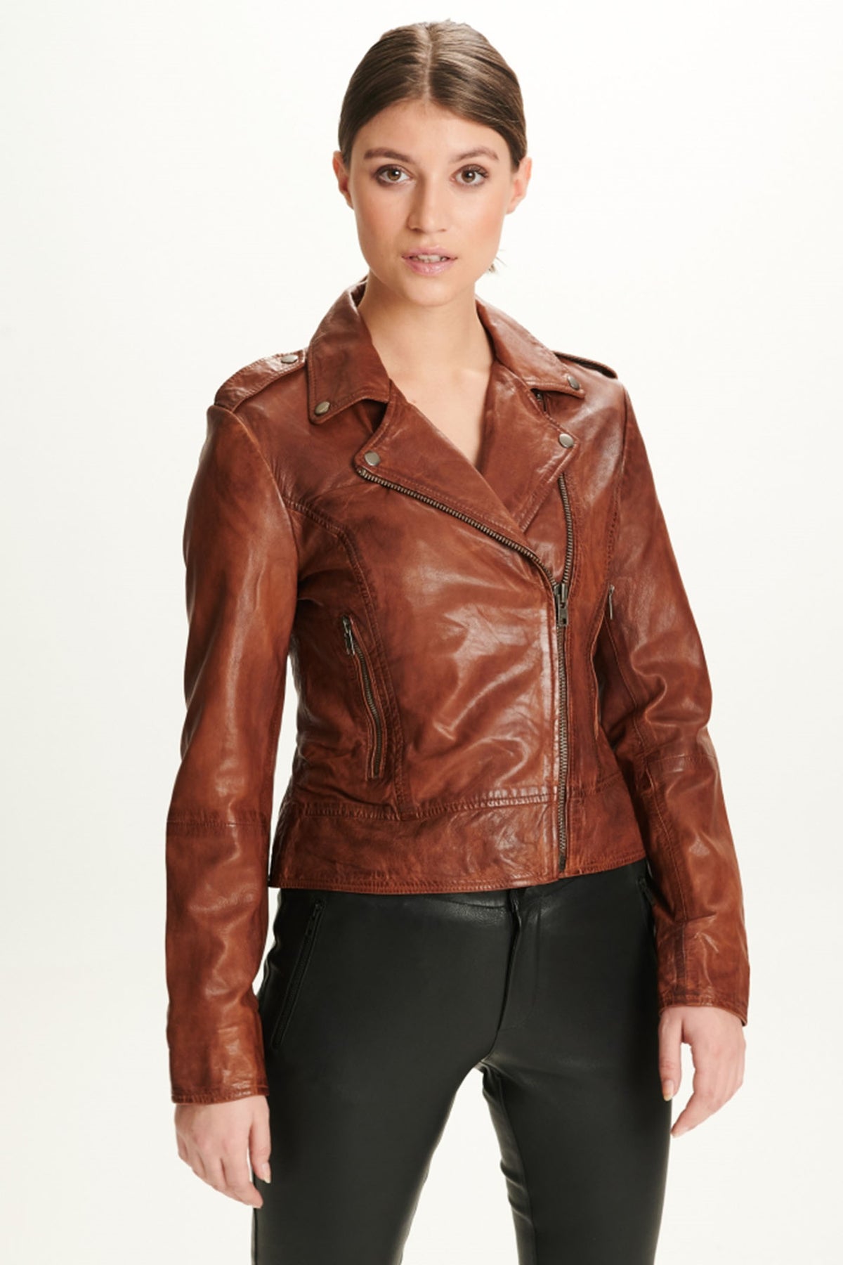 Bikerjacka mörk cognac m. gunmetal-detaljer - 10961-new