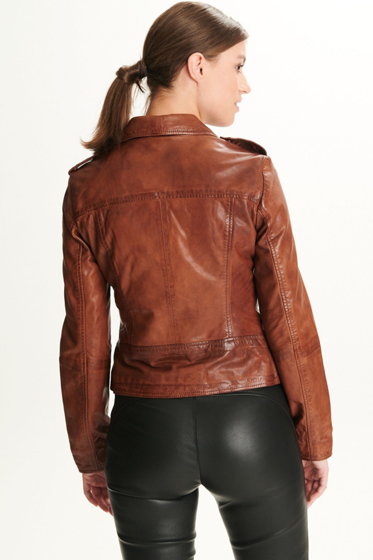 Bikerjacka mörk cognac m. gunmetal-detaljer - 10961-new