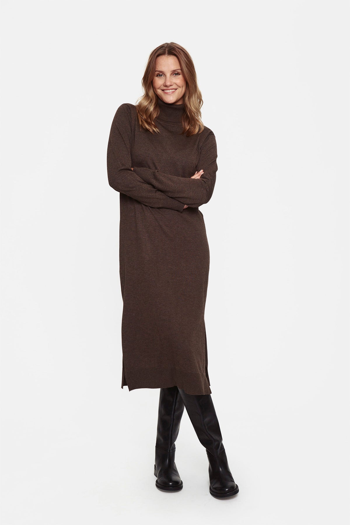 MilaSZ Roll Neck Long Dress Major Brown Melange - 30511420