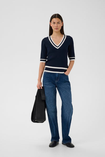LeenahIW V-Neck Blouse Marin/Vanilj - 302665 - 30110675 Thumbnail