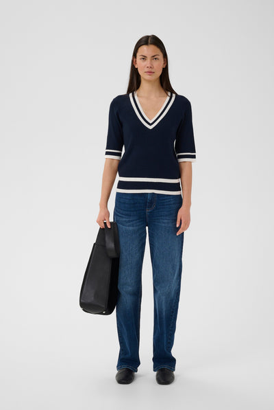 LeenahIW V-Neck Blouse Marin/Vanilj - 302665 - 30110675 Thumbnail