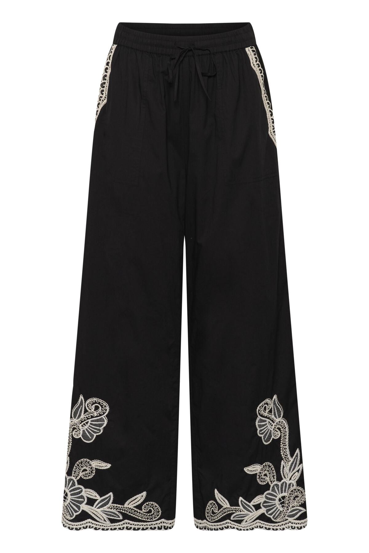 BilanPW Pants Black W offwhite emb - 304950 - 30310557