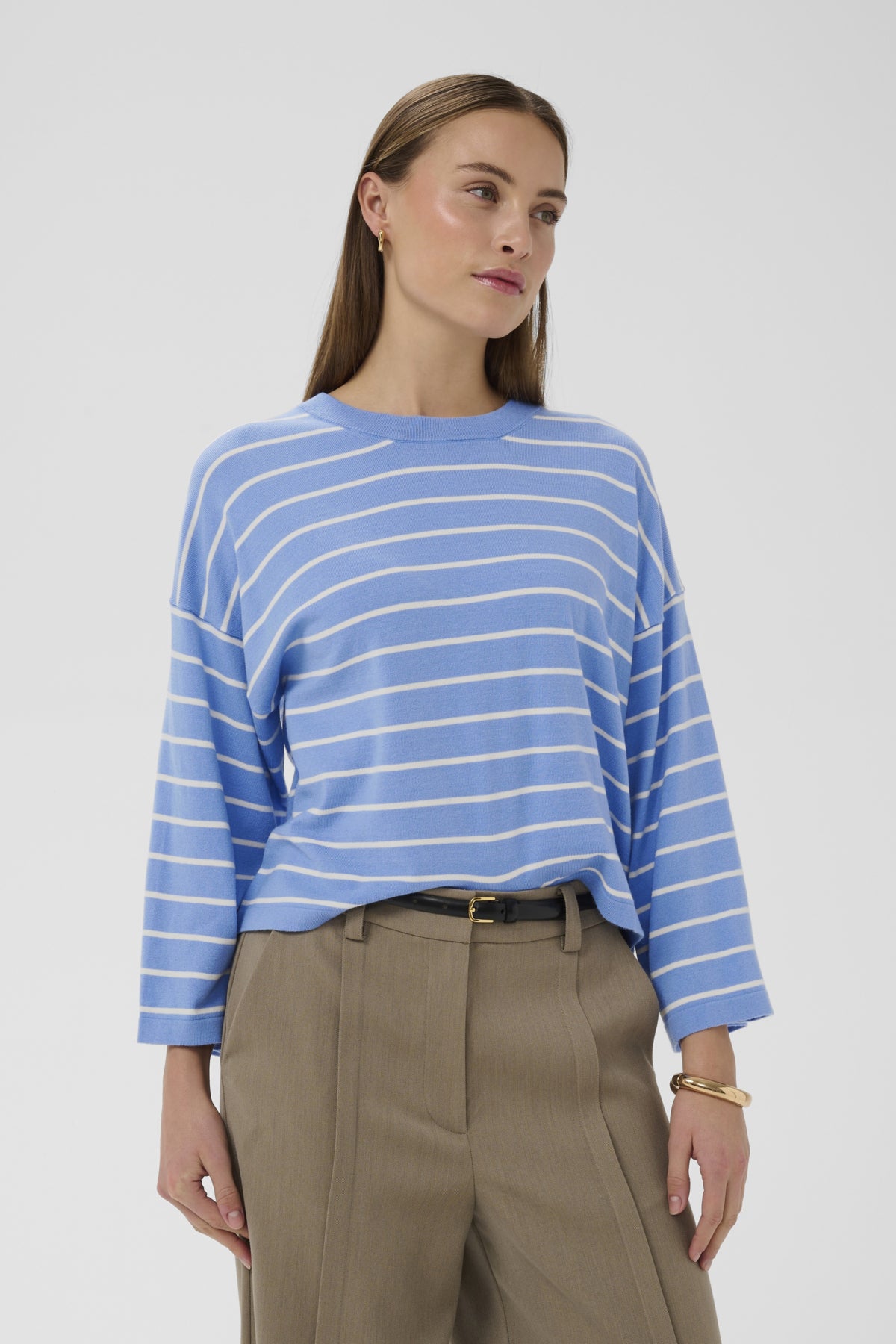 SLSpina Boxy Pullover Cropped Hydrangea w White Stripe - 305 - 30408863