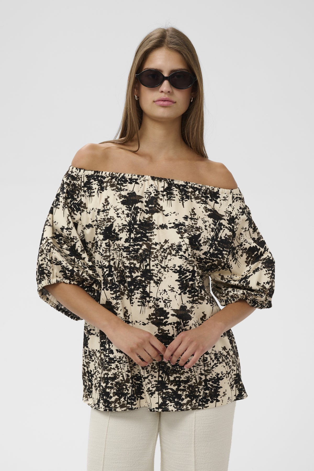 SLNaelle Printed Blouse SS Oatmeal Forest - 305085 - 30409345