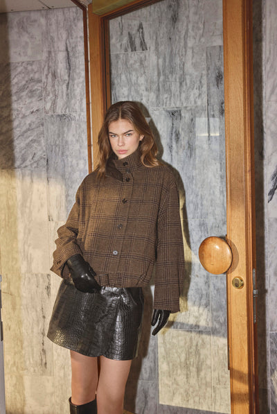 OlvaCC Check Balloon Jacket 20003-Dark Brown - 500170 Thumbnail