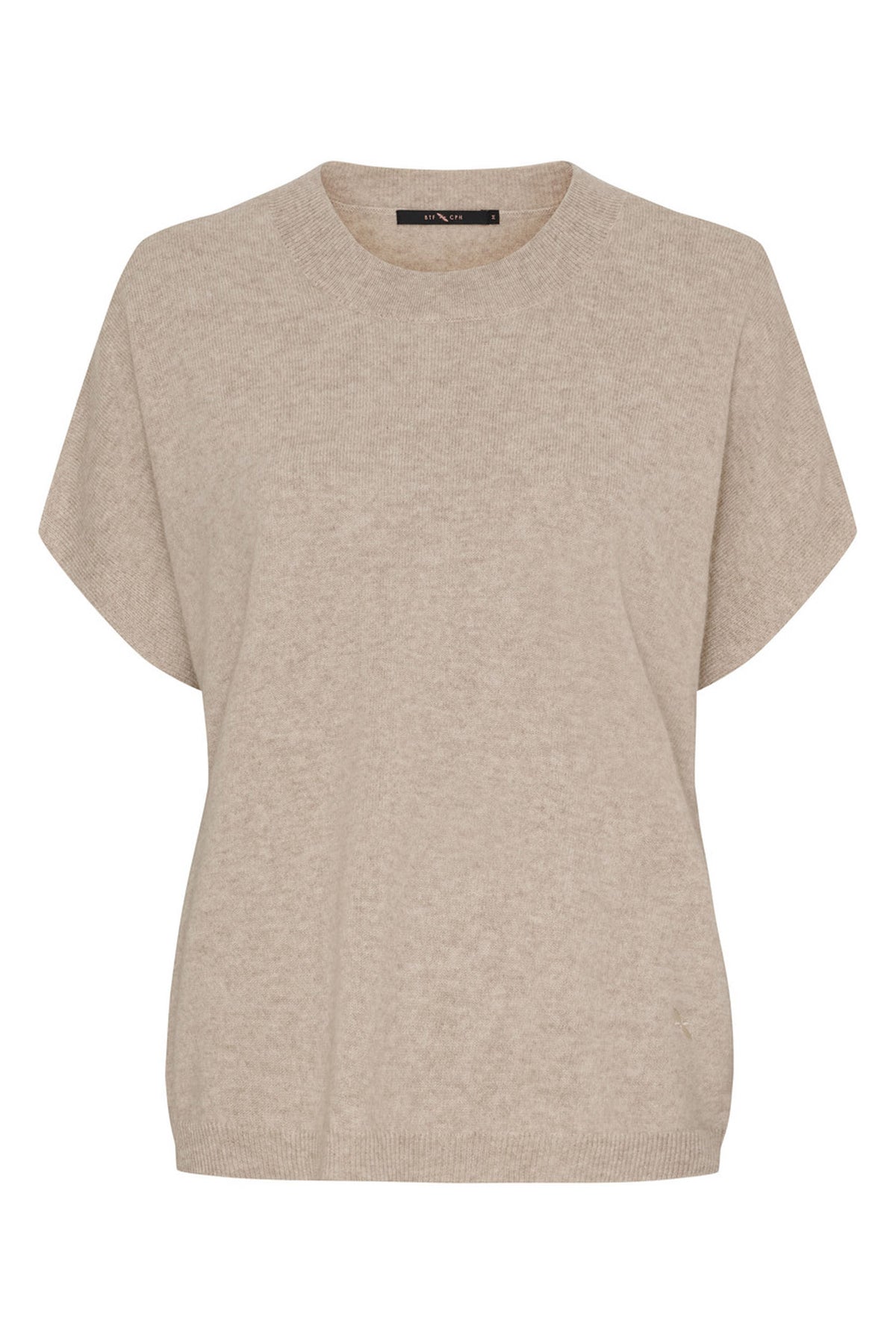 Cashmere-stickad tröja m. korta ärmar Cream Melange - 500085
