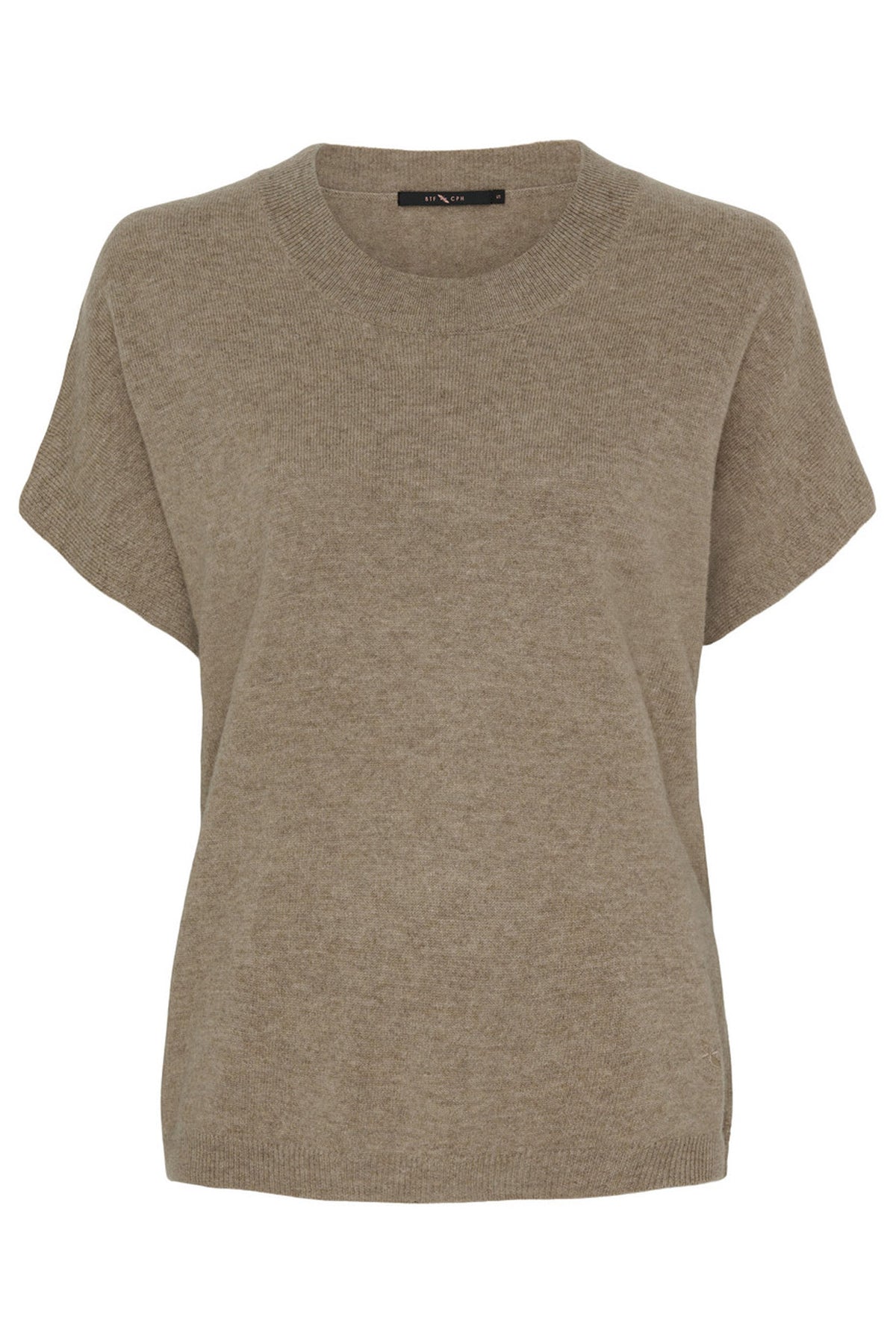 Kashmirstickad tröja med kort ärm Taupe Melange - 500085