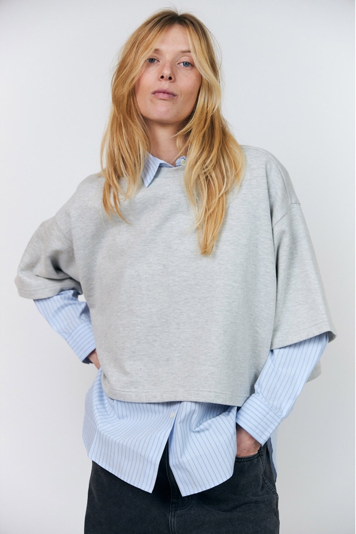 Danll Boxy Sweatshirt 3/4 13 Light Grey Melange - 26426-1079