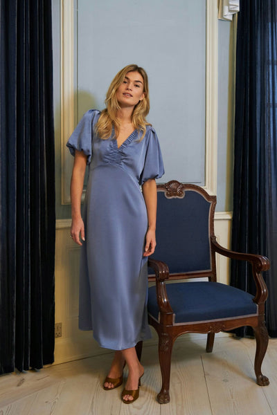 Illana Heavy Sateen Dress Smoke Blue - 162521 Thumbnail
