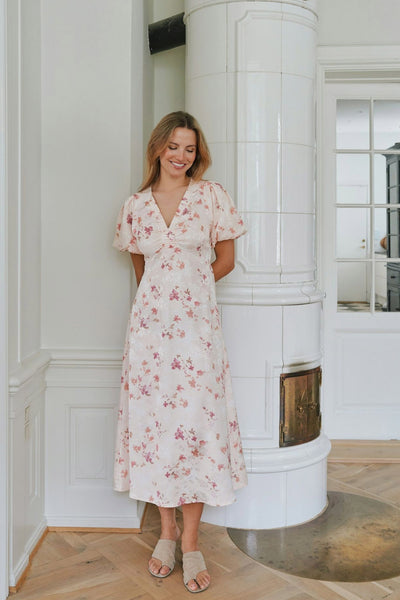 Illana Sateen Print Dress Creme - 168215 Thumbnail