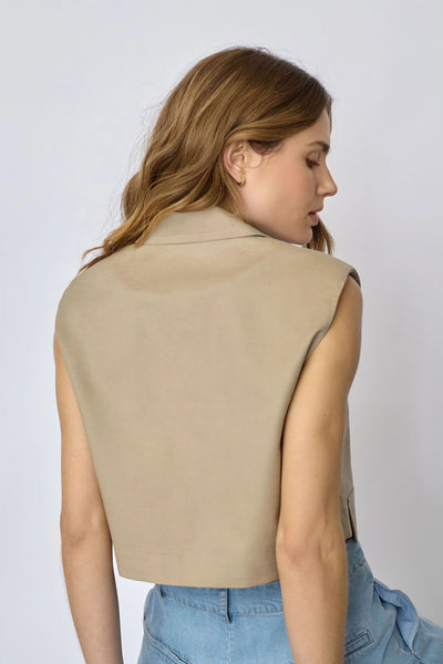 LeilaCC Linen Crop Vest 320-Bisquit - 40054 Thumbnail