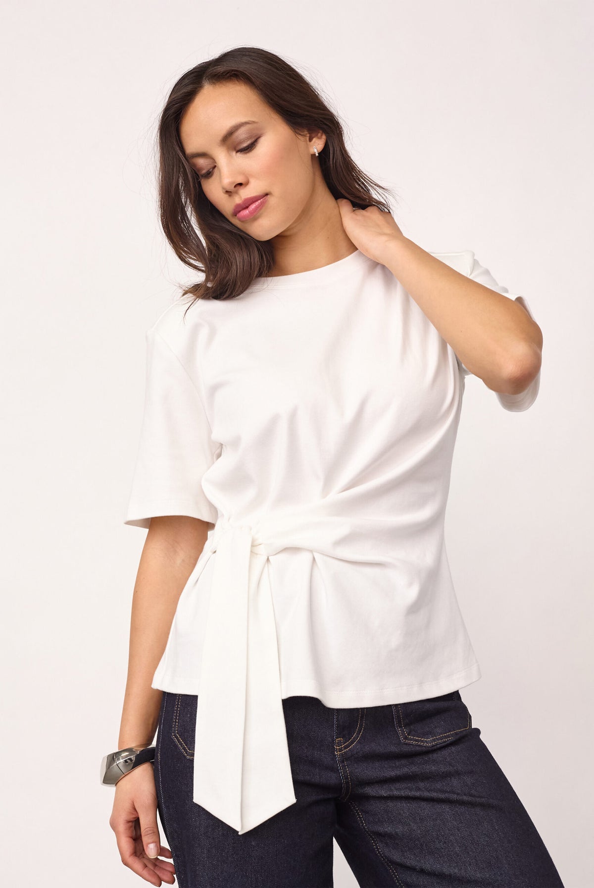 OrianeCC Pleat Tie Tee 10001-White - 500096