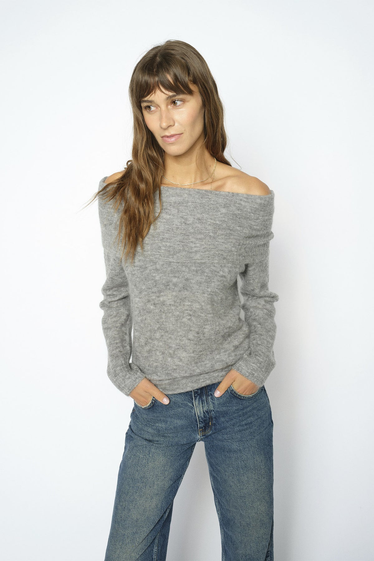 MMMape Off Shoulder Stickad Gråmelerad - 182180