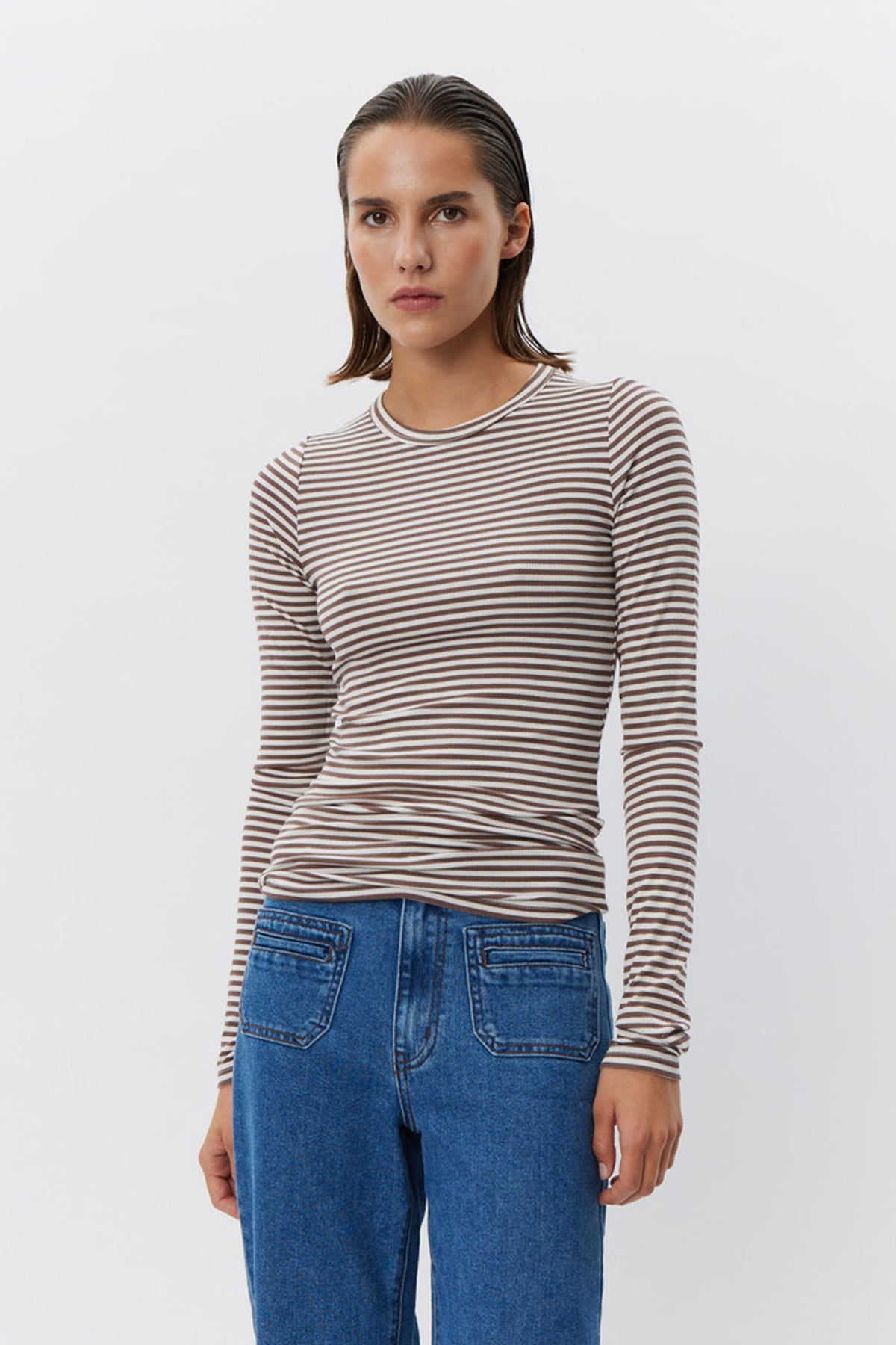 PETRICIASW STRIPE T-SHIRT LONG 7113 Brunrandig - SNOS433