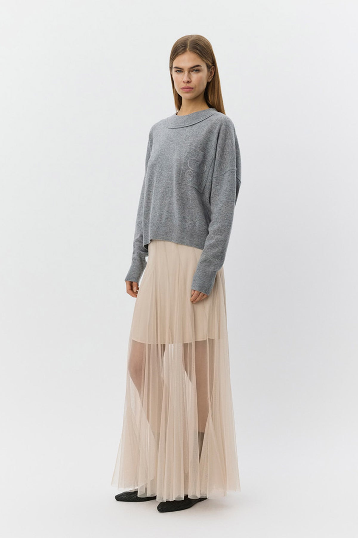 PORTIASW STICKAD TRÖJA 8000 Grey Melange - S261355