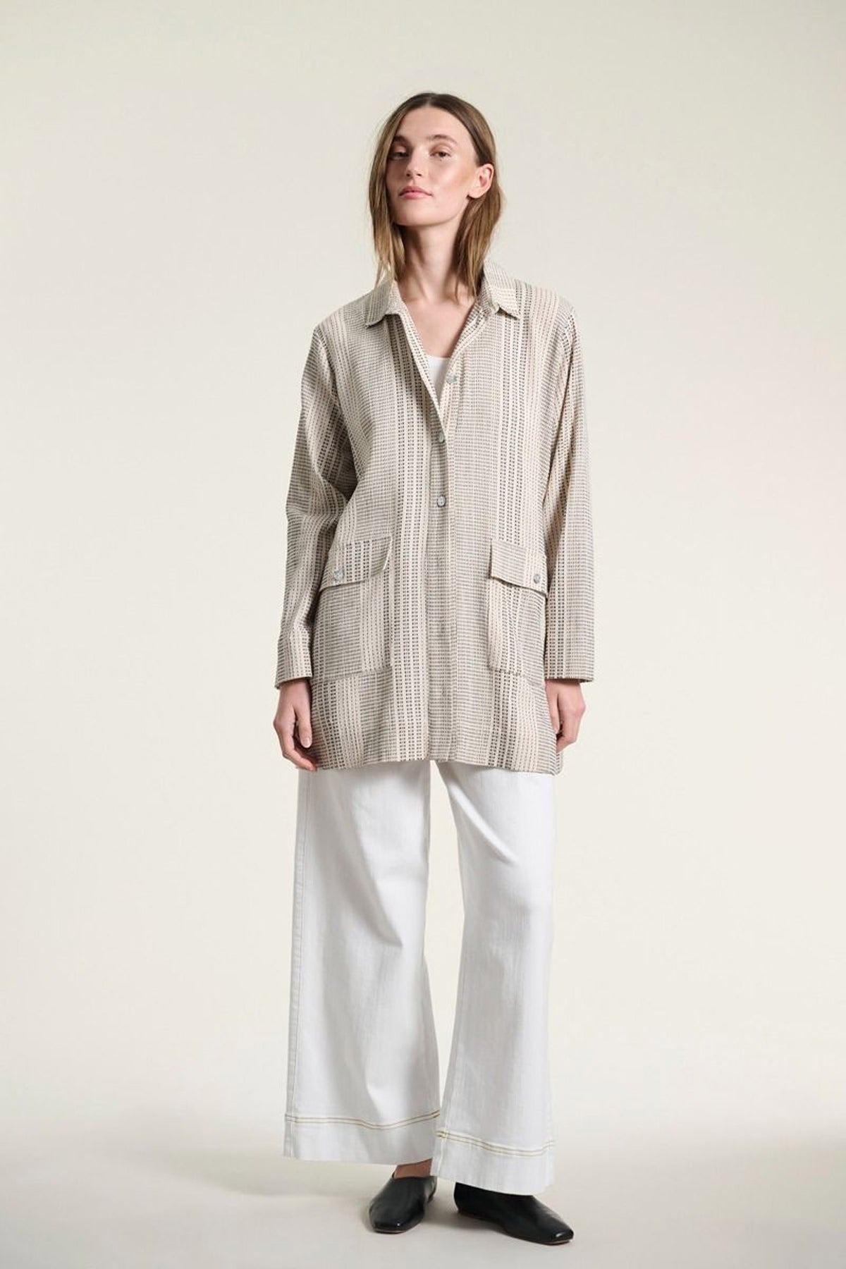 Shiko lång skjorta IVORY/BLACK STITCH - 261-2464-5616