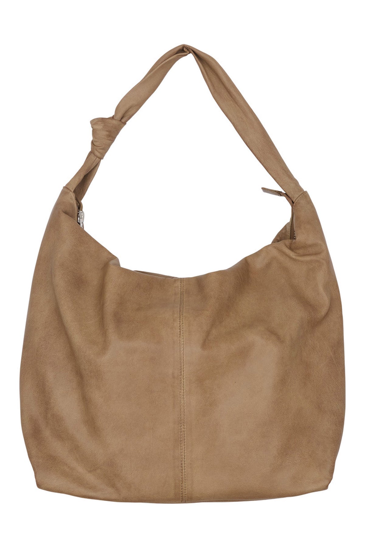 Mjuk bucket-väska med dragkedja Nude Brown m. silverdetaljer - 100109