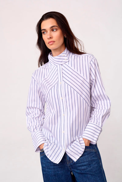 SomoCC Stripe Funnel Neck Shir 10001-White - 500372 Thumbnail
