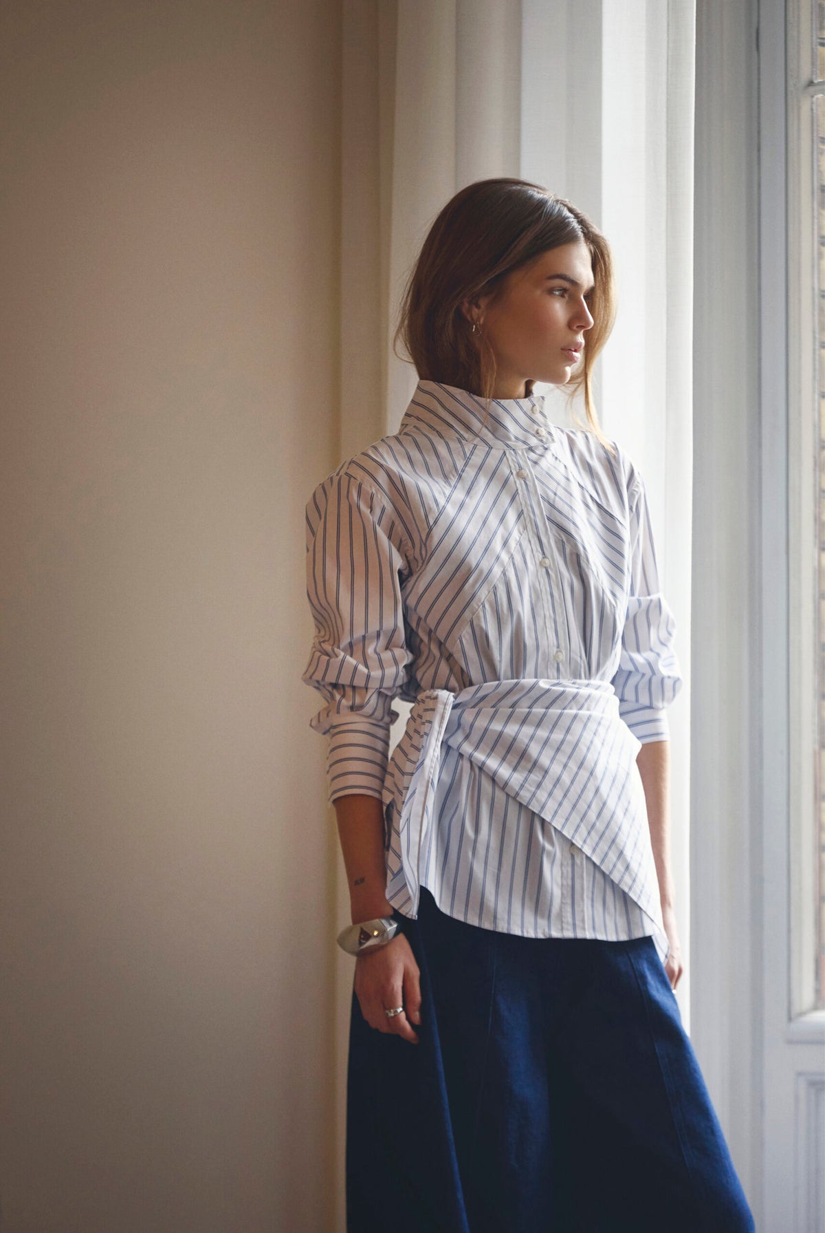 SomoCC Stripe Funnel Neck Shir 10001-White - 500372