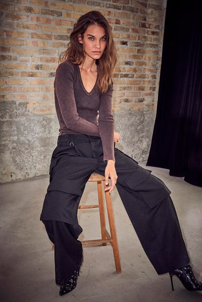 Deep V LS Rib Acid Tee Mocca Acid Wash - HL10892 Thumbnail
