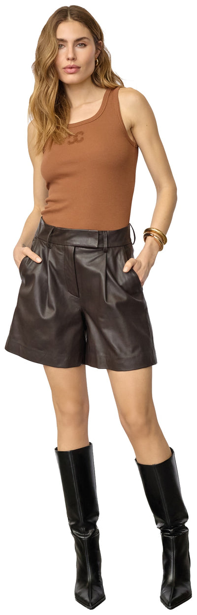 PhoebeCC Leather Pleat Shorts 145-Mörkbrun - 31458 Thumbnail